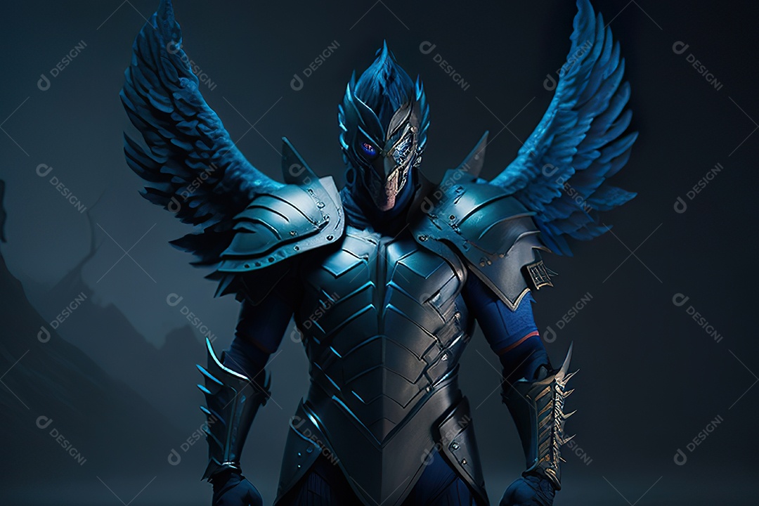 Anjo com armadura na cidade em chamas