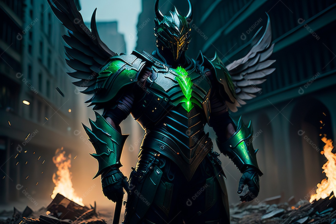 Anjo com armadura na cidade em chamas.