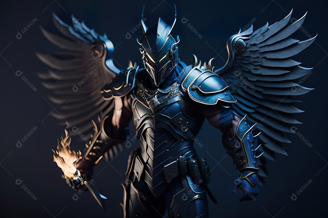 Anjo com armadura na cidade em chamas