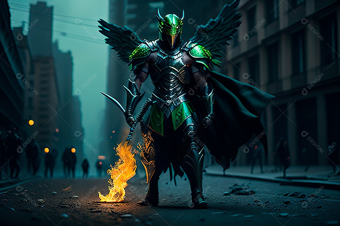 Anjo com armadura na cidade em chamas.