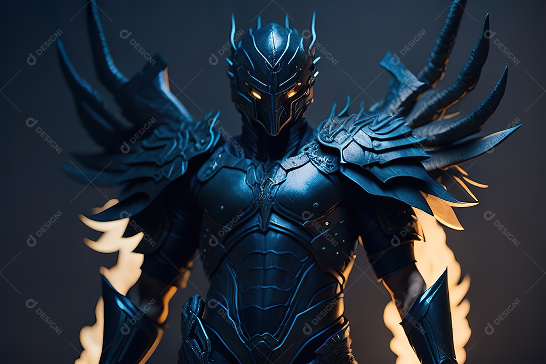 Anjo com armadura na cidade em chamas