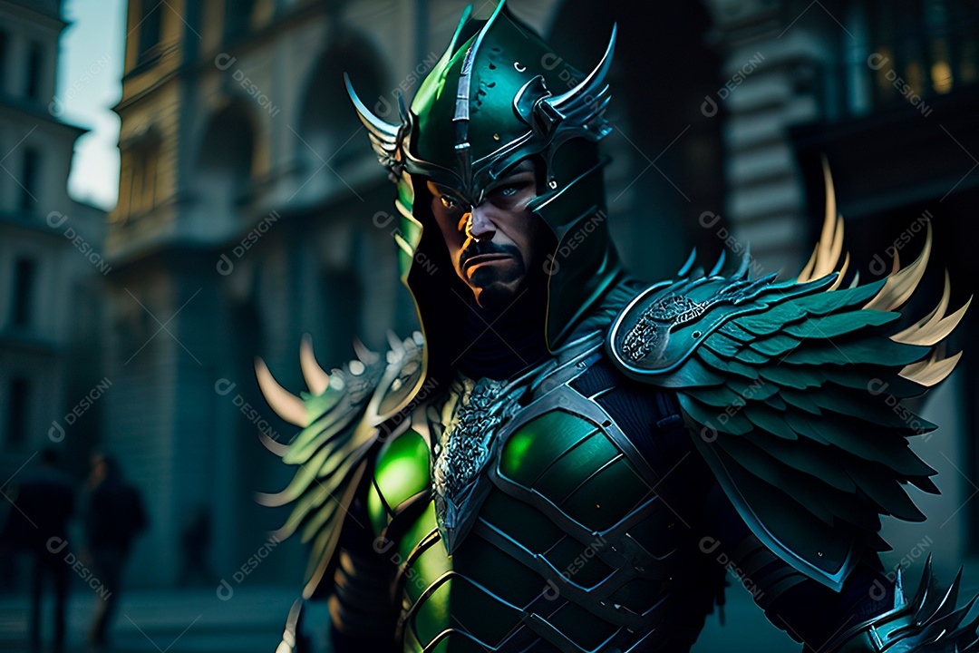 Anjo com armadura na cidade em chamas.