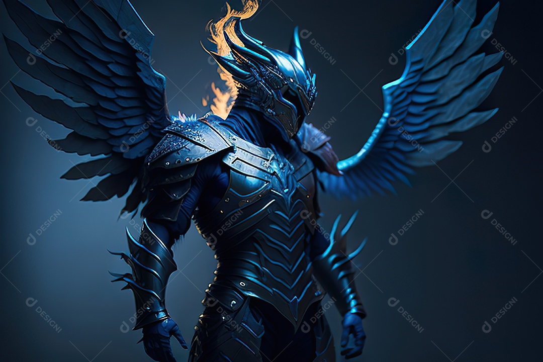 Anjo com armadura na cidade em chamas