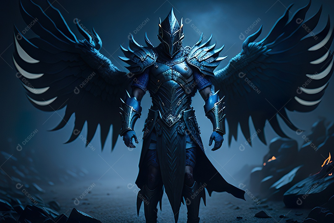 Anjo com armadura na cidade em chamas