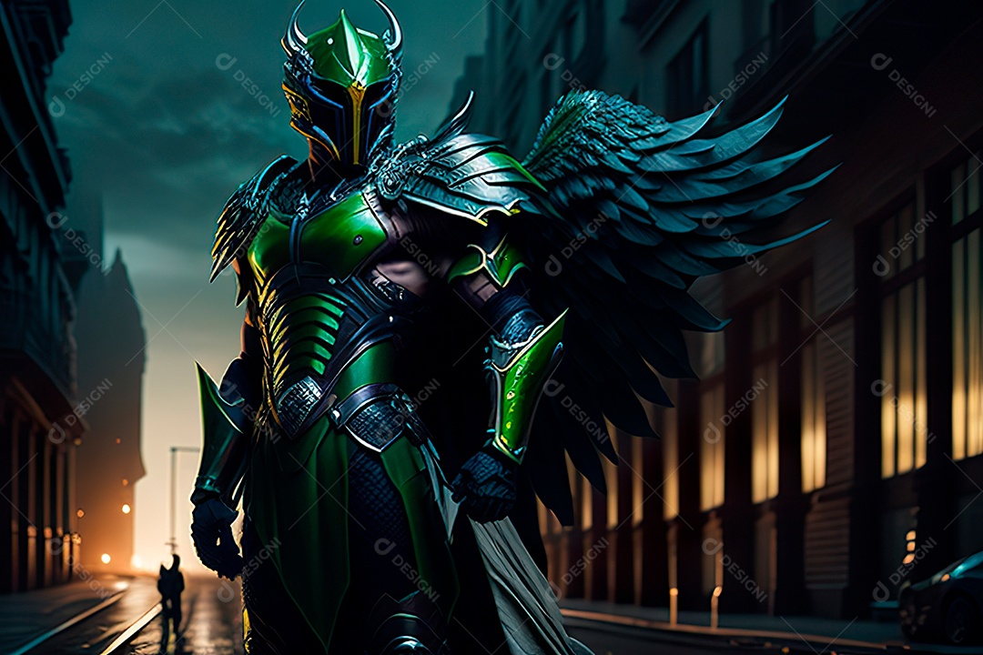 Anjo com armadura na cidade em chamas.