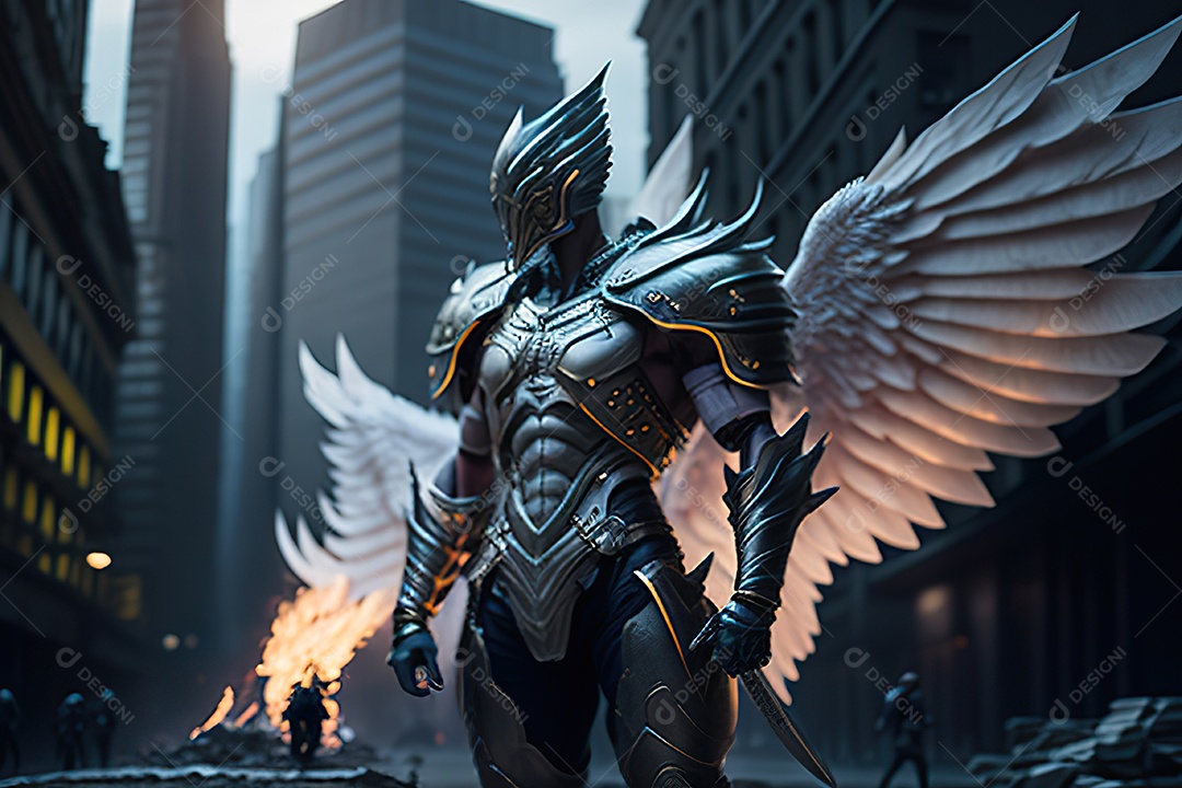 Anjo com armadura na cidade em chamas