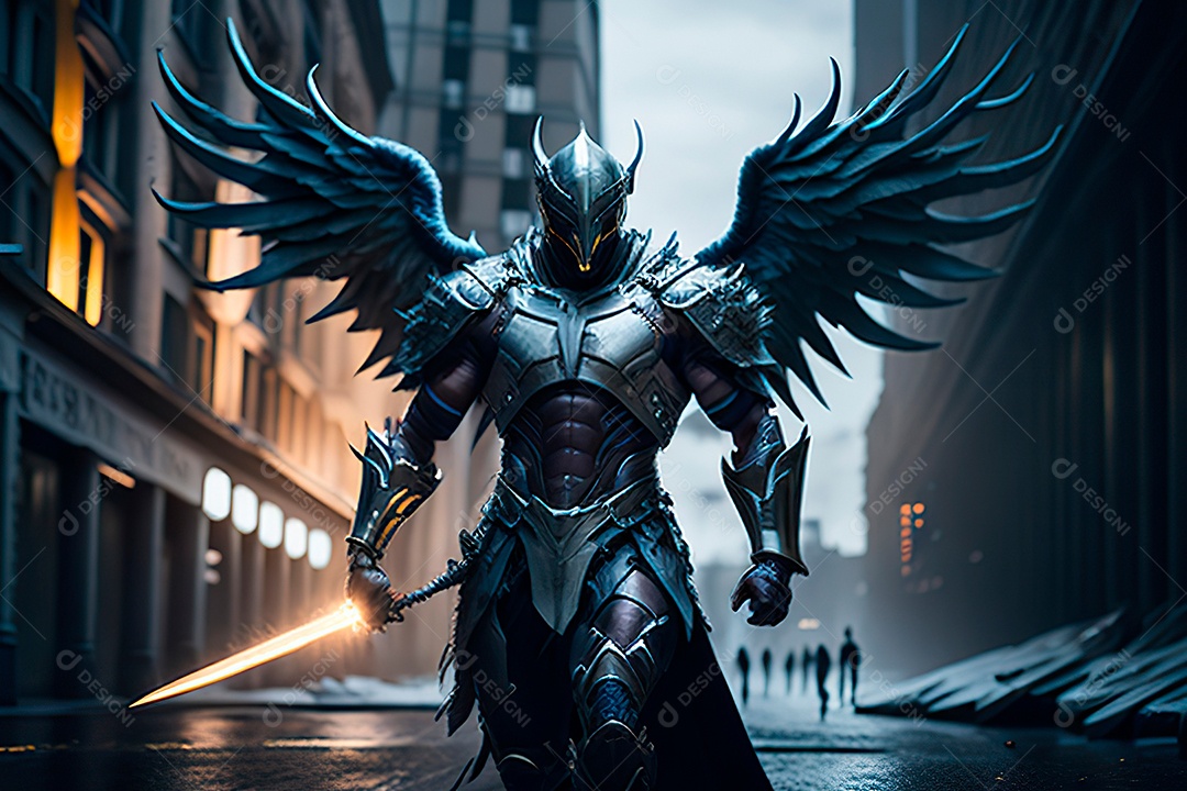 Anjo com armadura na cidade em chamas.