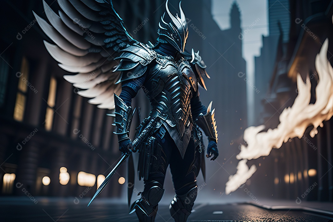 Anjo com armadura na cidade em chamas