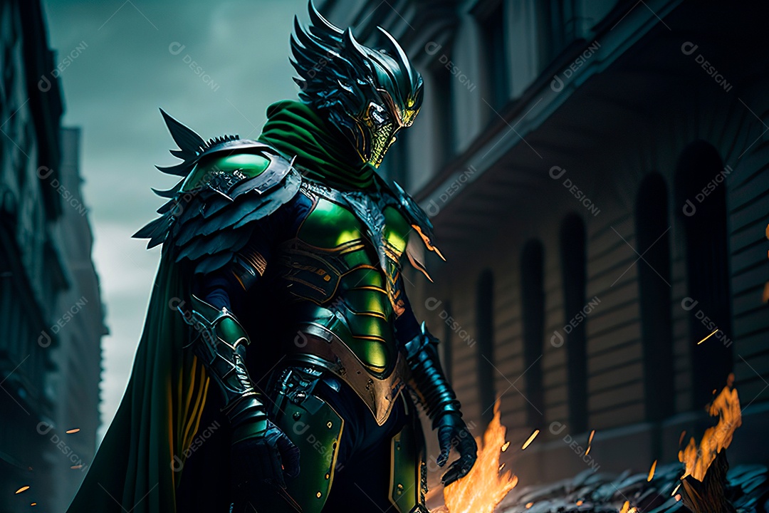 Anjo com armadura na cidade em chamas.