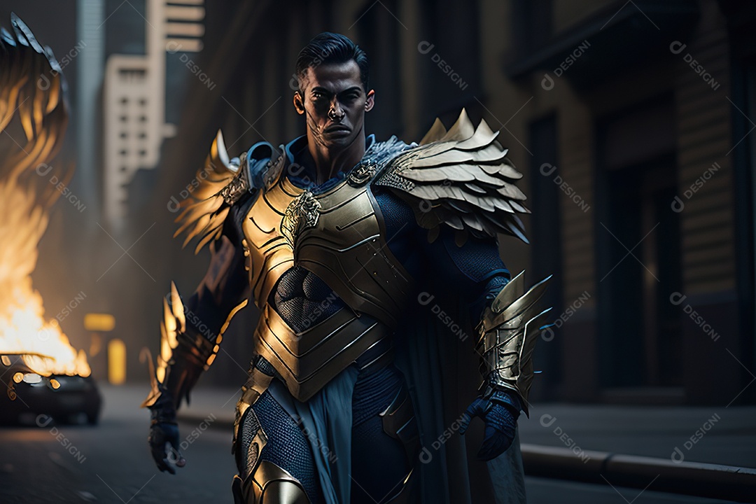 Anjo com armadura na cidade em chamas