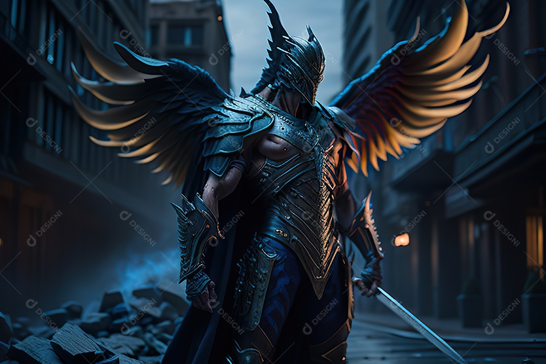 Anjo com armadura na cidade em chamas