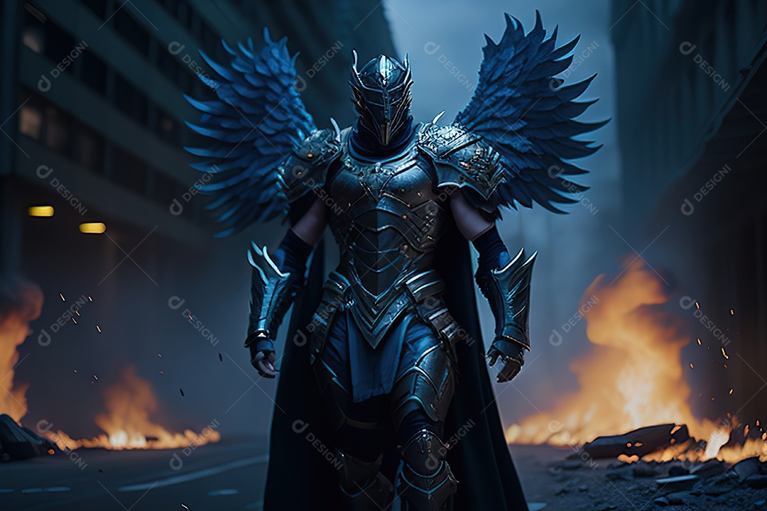 Anjo com armadura na cidade em chamas