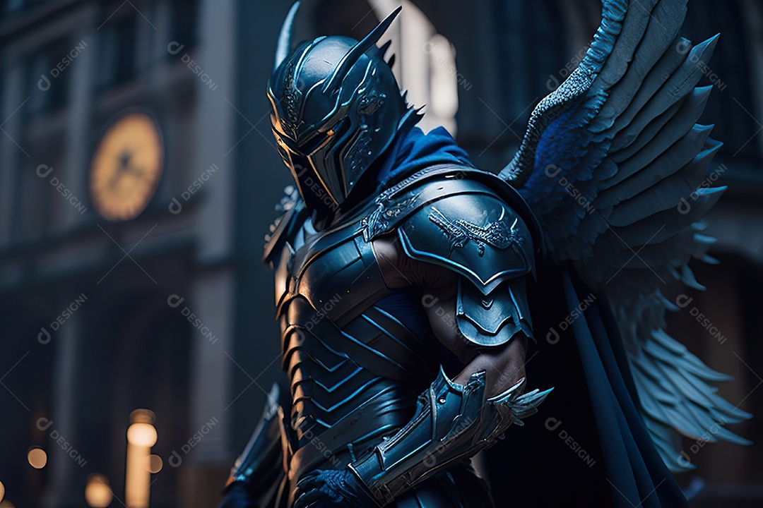 Anjo com armadura na cidade em chamas