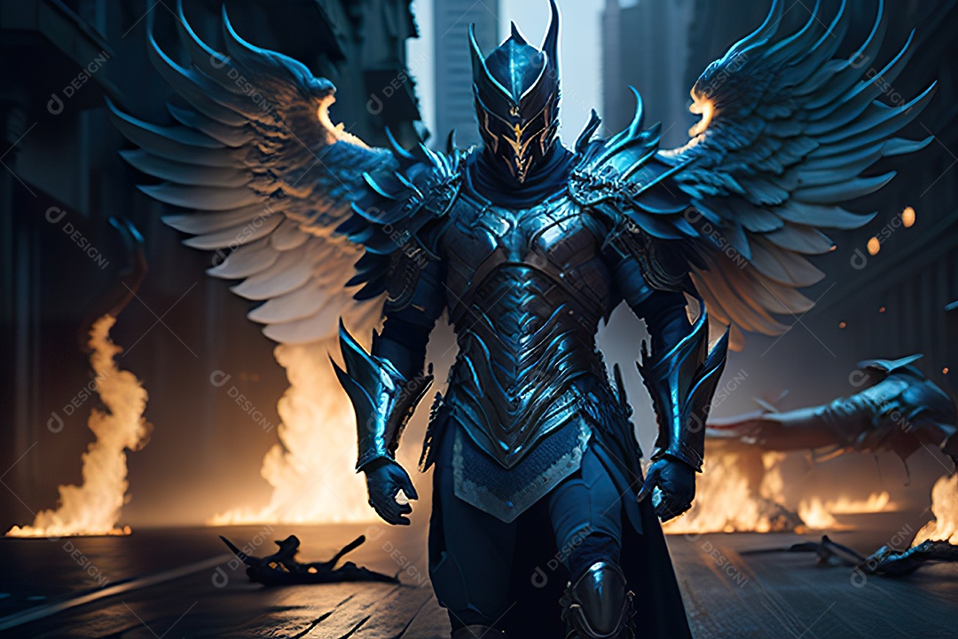Anjo com armadura na cidade em chamas