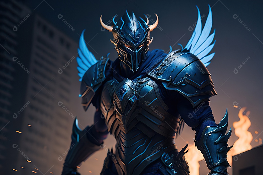 Anjo com armadura na cidade em chamas