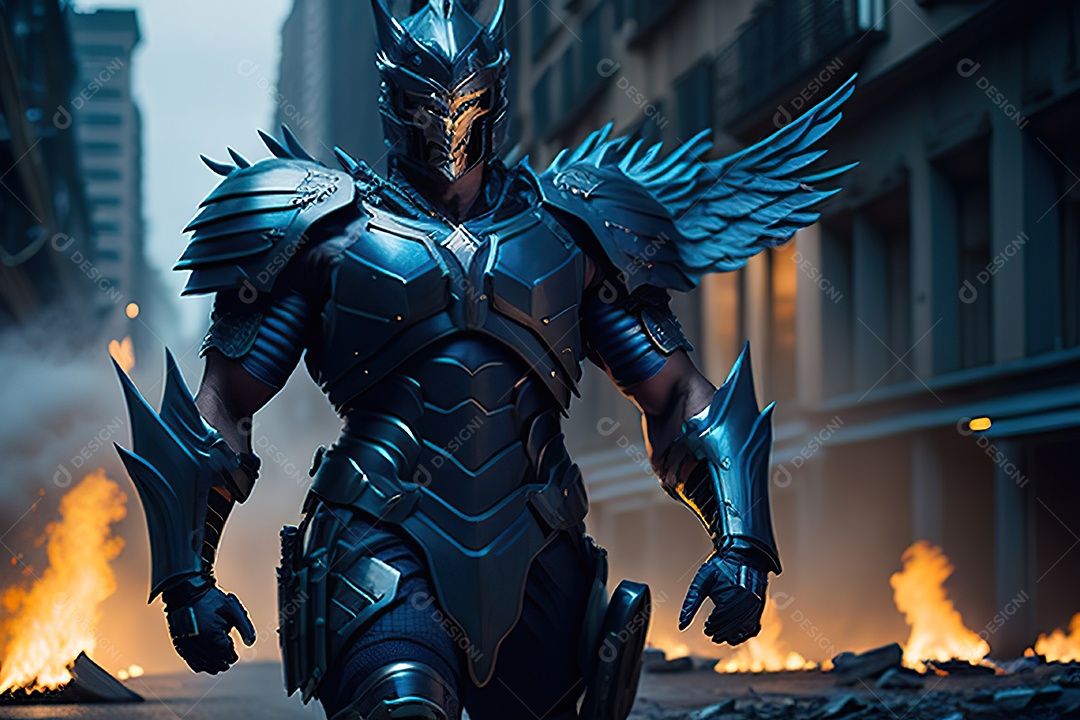 Anjo com armadura na cidade em chamas