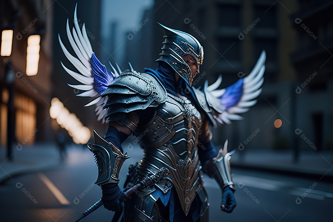 Anjo com armadura na cidade em chamas