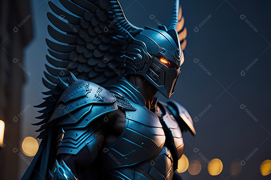 Anjo com armadura na cidade em chamas