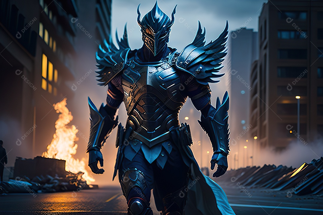 Anjo com armadura na cidade em chamas