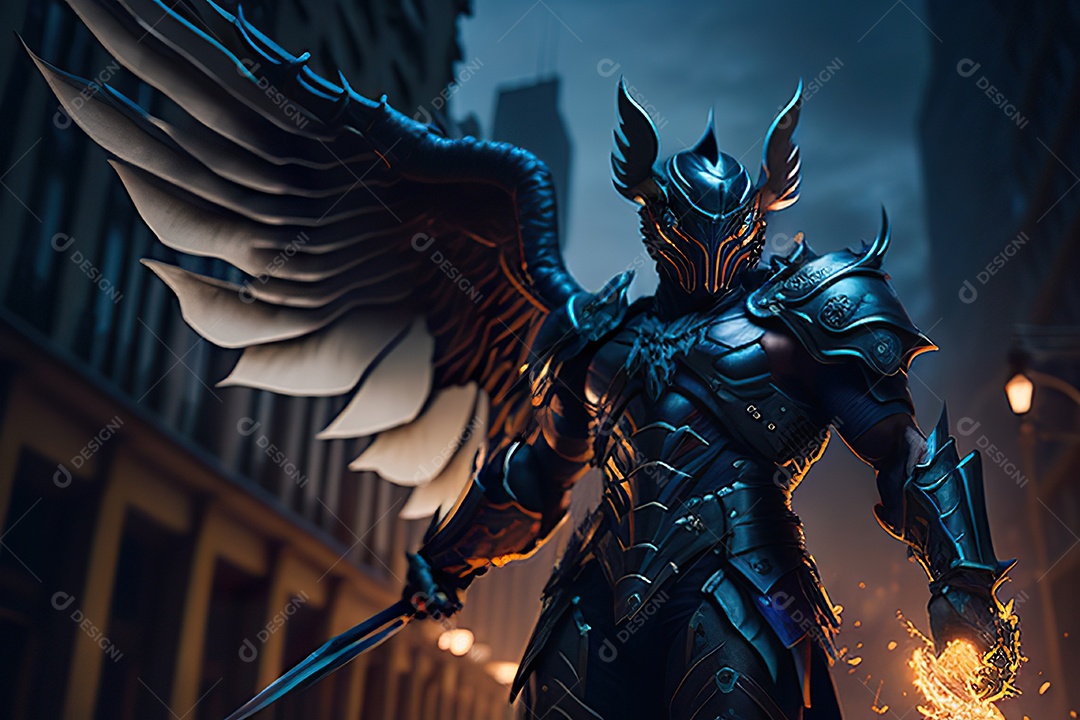 Anjo com armadura na cidade em chamas