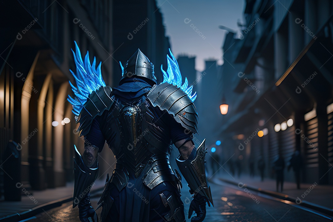 Anjo com armadura na cidade em chamas