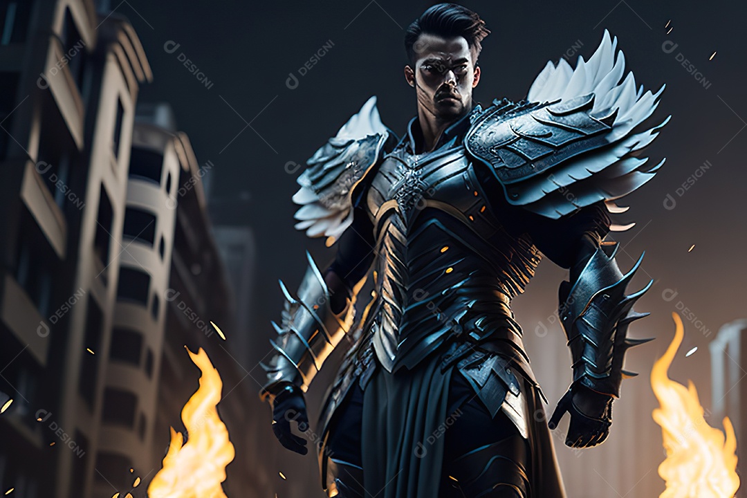 Anjo com armadura na cidade em chamas