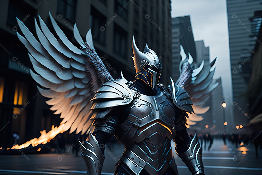 Anjo com armadura na cidade em chamas
