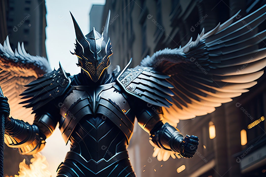 Anjo com armadura na cidade em chamas