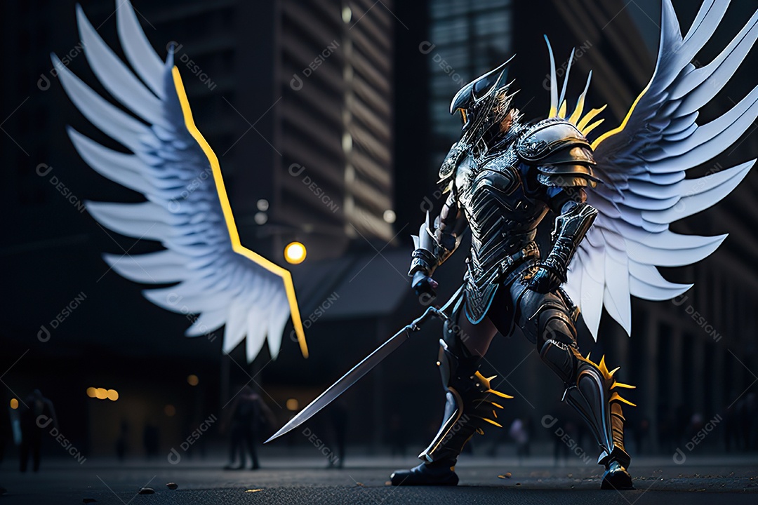 Anjo com armadura na cidade em chamas