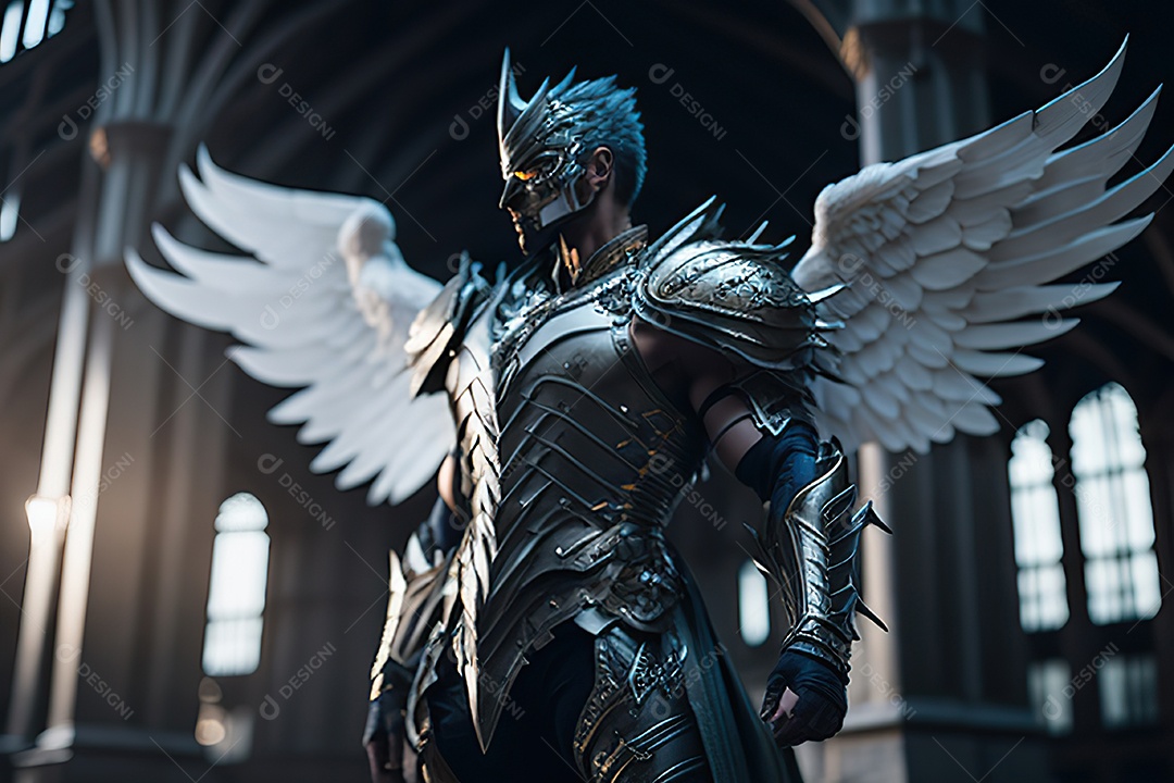 Anjo com armadura na cidade em chamas