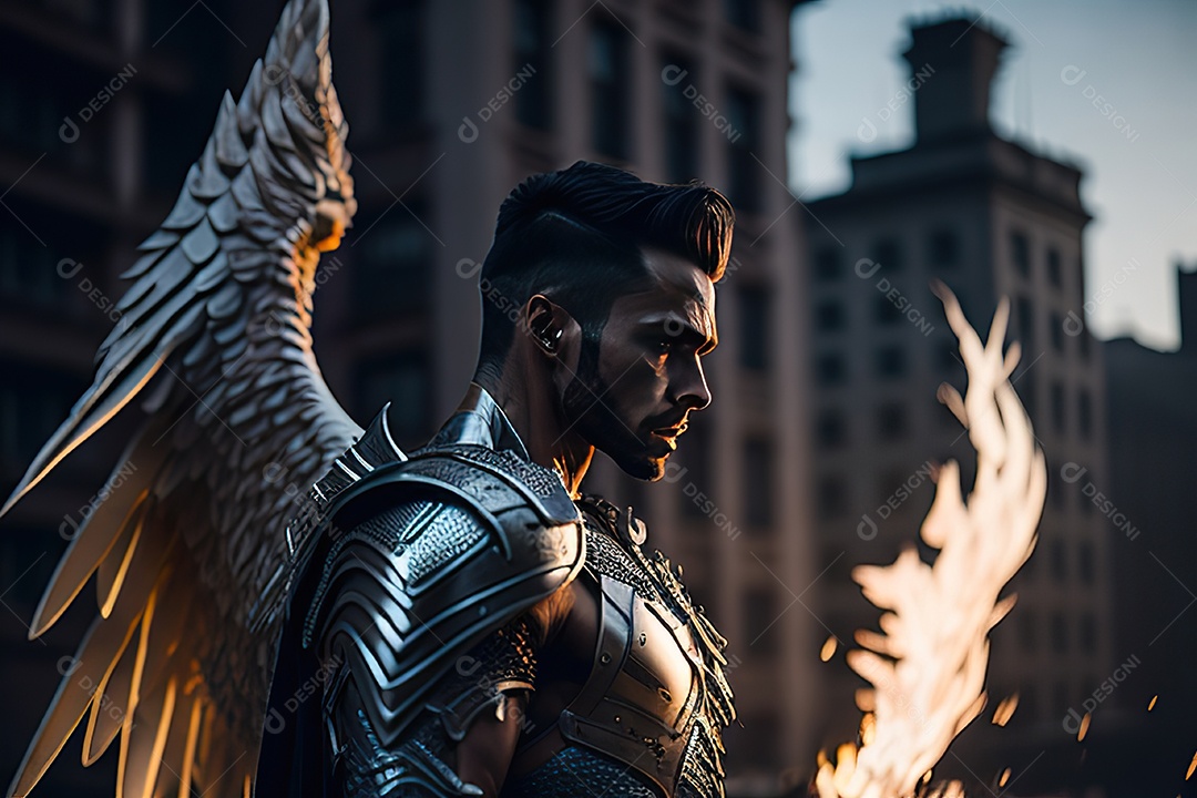 Anjo com armadura na cidade em chamas