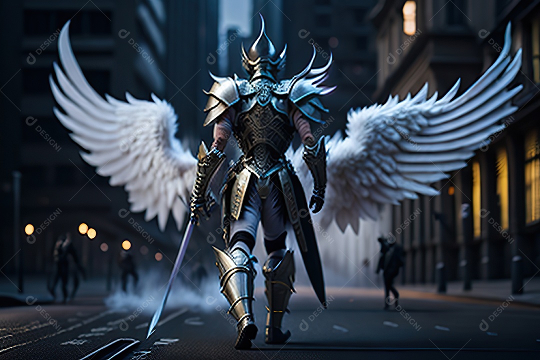 Anjo com armadura na cidade em chamas