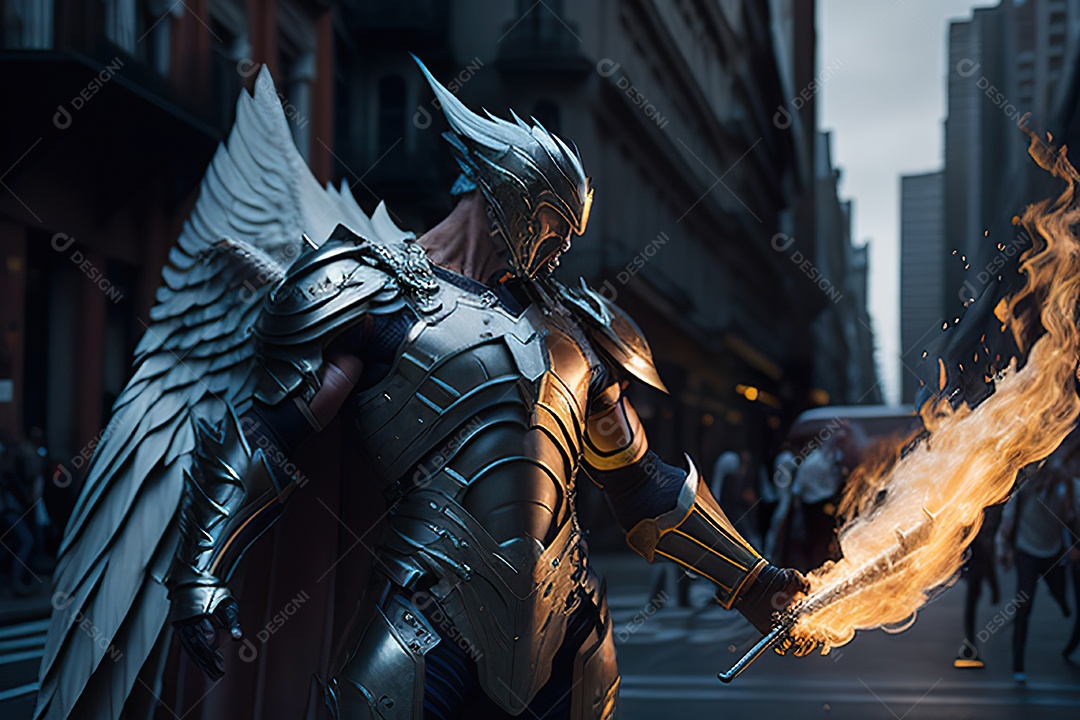 Anjo com armadura na cidade em chamas