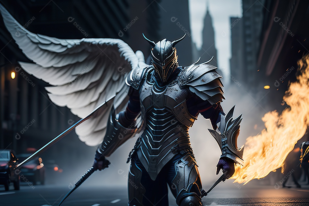 Anjo com armadura na cidade em chamas
