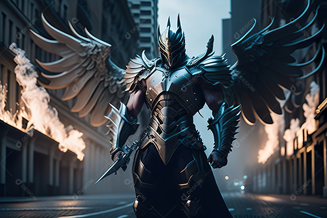 Anjo com armadura na cidade em chamas