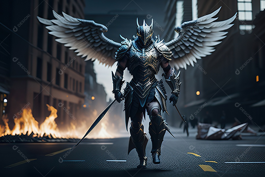 Anjo com armadura na cidade em chamas