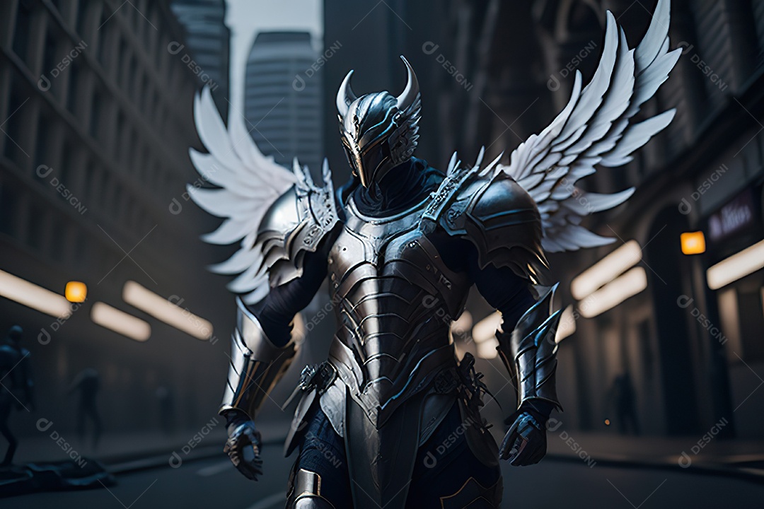 Anjo com armadura na cidade em chamas