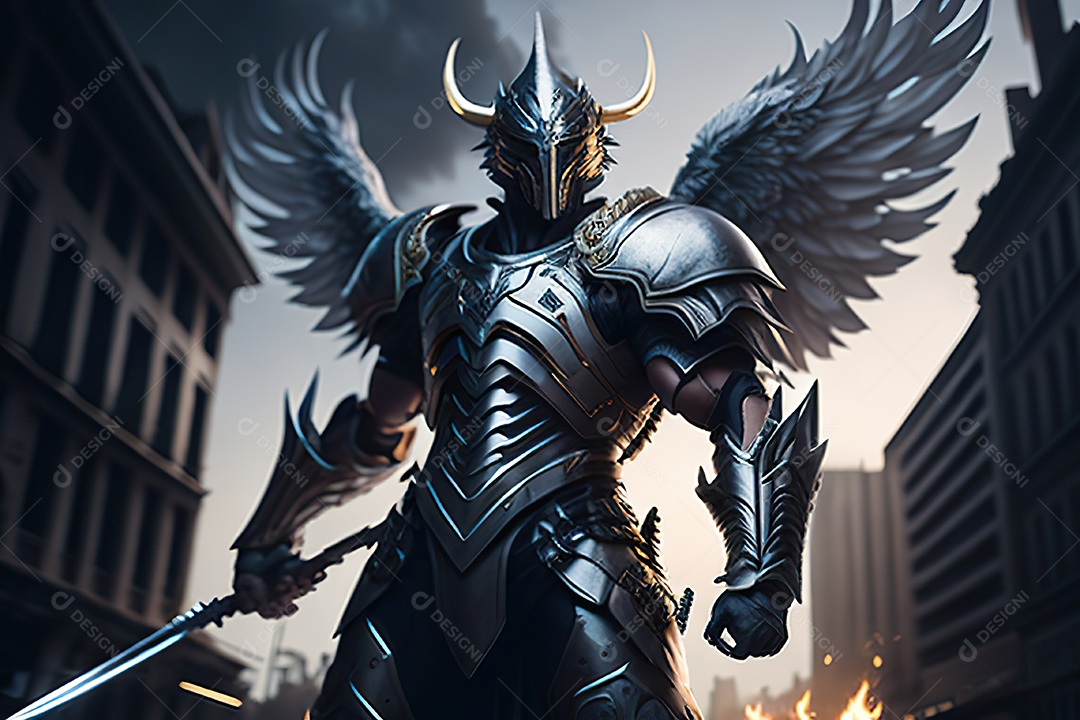 Anjo com armadura na cidade em chamas