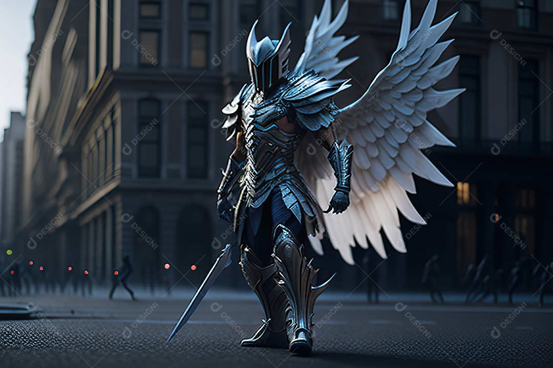 Anjo com armadura na cidade em chamas