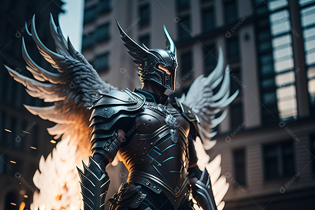 Anjo com armadura na cidade em chamas