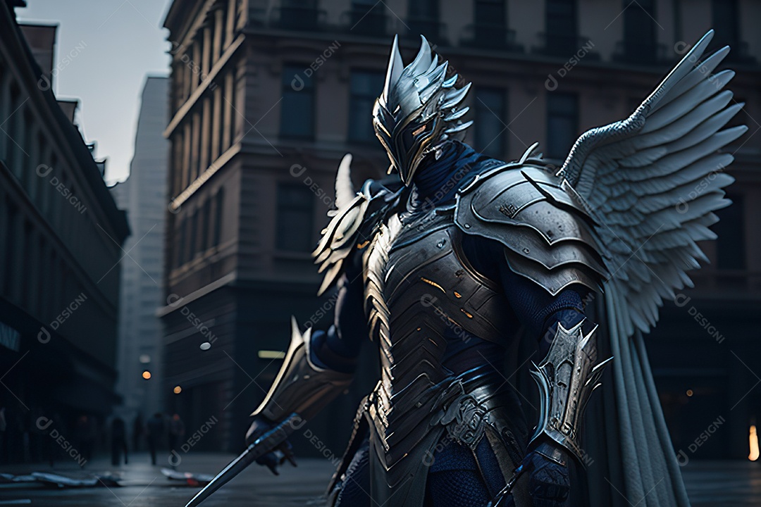 Anjo com armadura na cidade em chamas