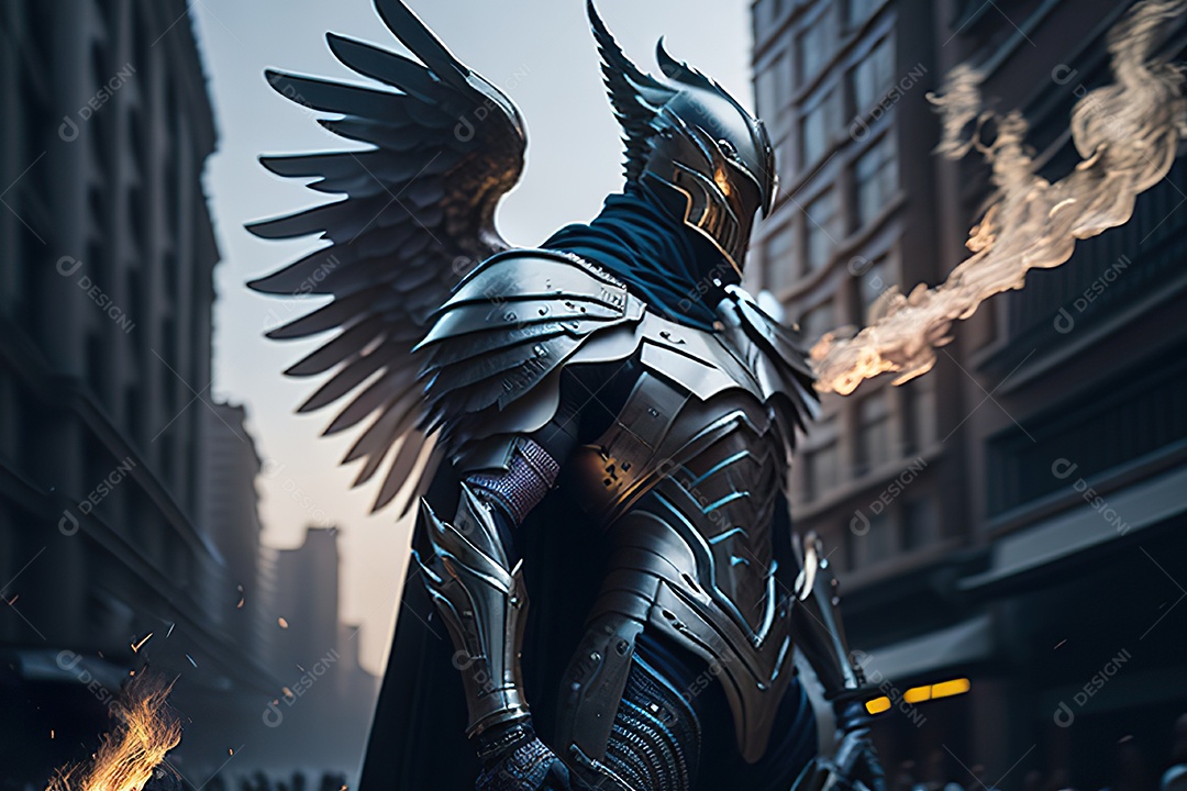 Anjo com armadura na cidade em chamas
