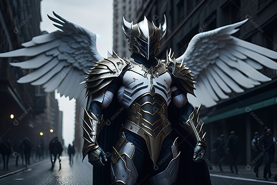 Anjo com armadura na cidade em chamas