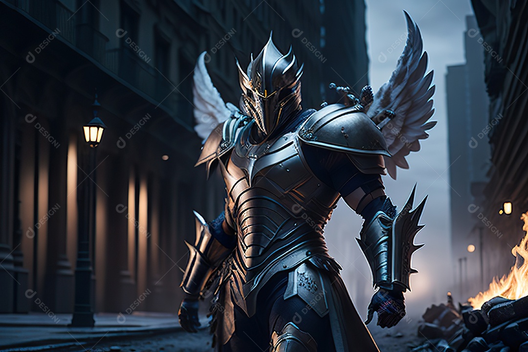 Anjo com armadura na cidade em chamas