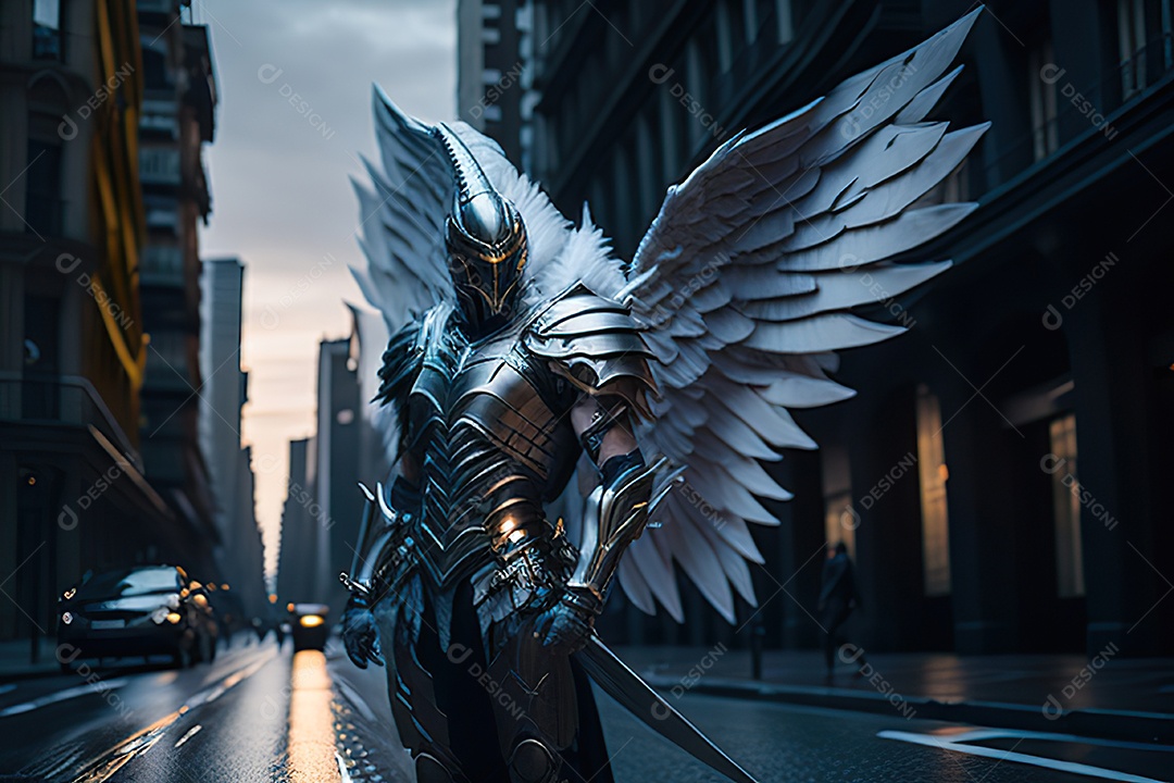 Anjo com armadura na cidade em chamas