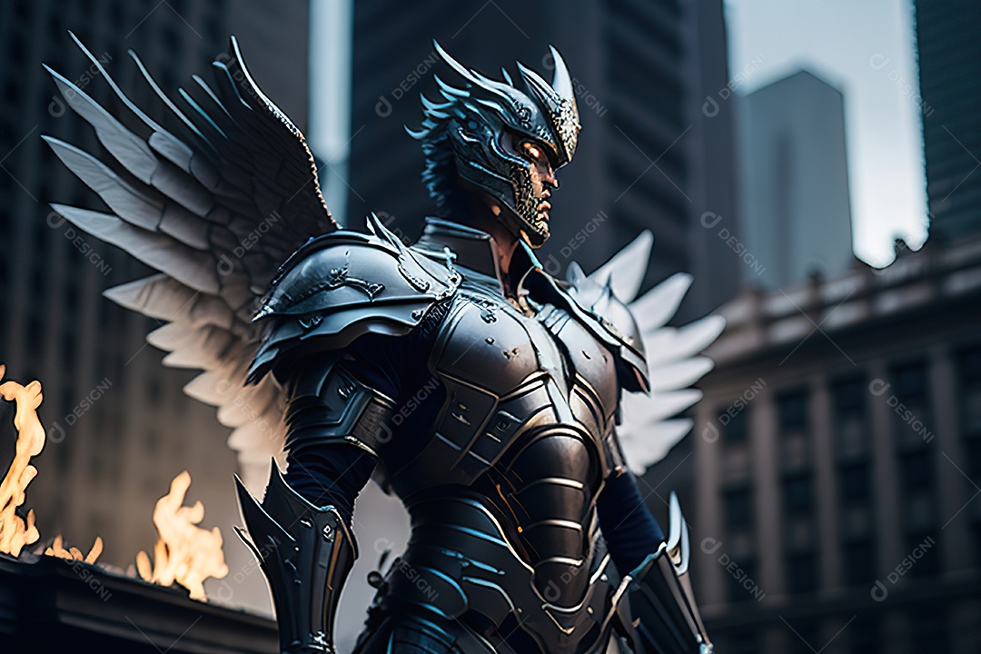 Anjo com armadura na cidade em chamas