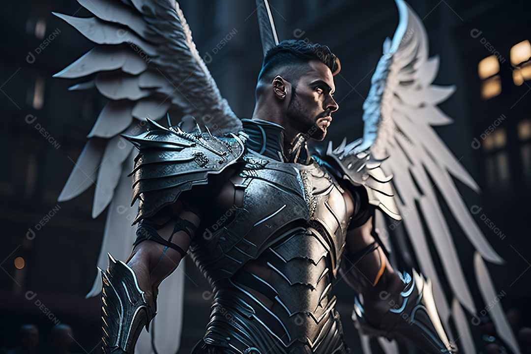 Anjo com armadura na cidade em chamas