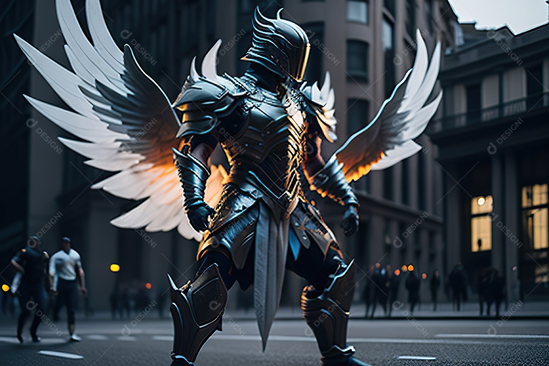 Anjo com armadura na cidade em chamas