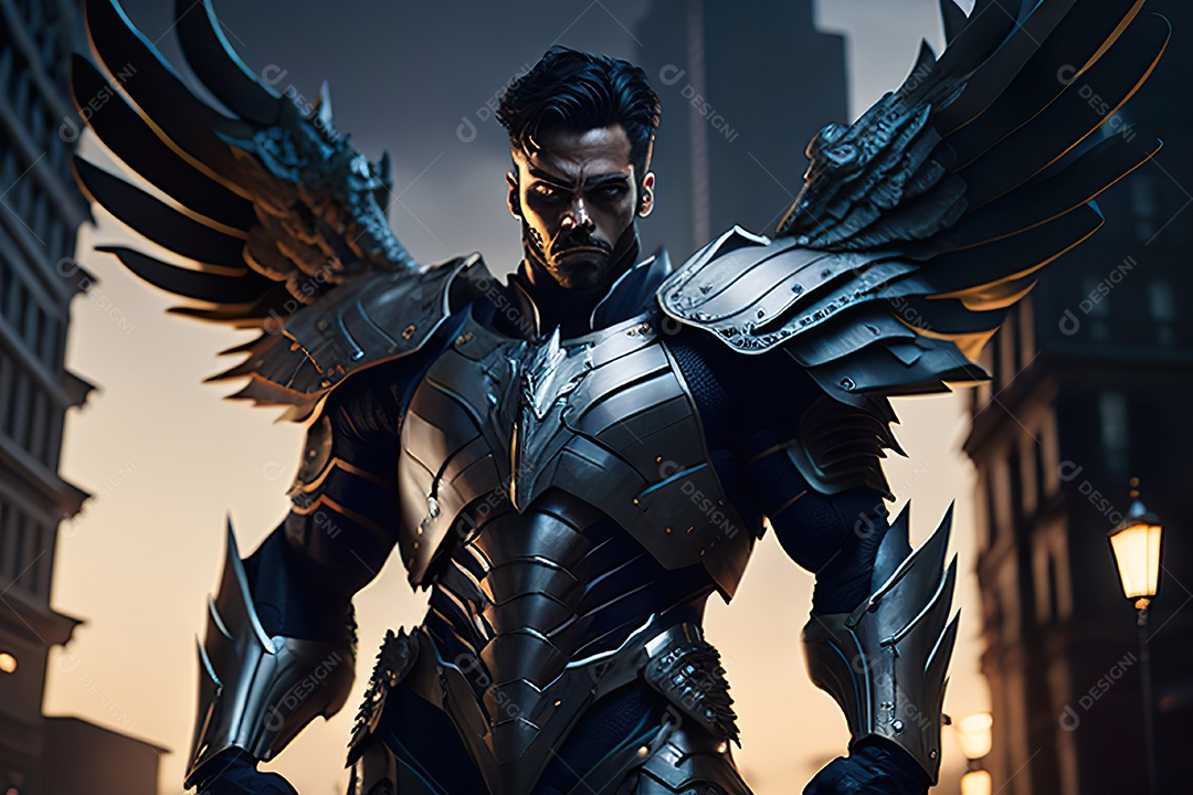 Anjo com armadura na cidade em chamas