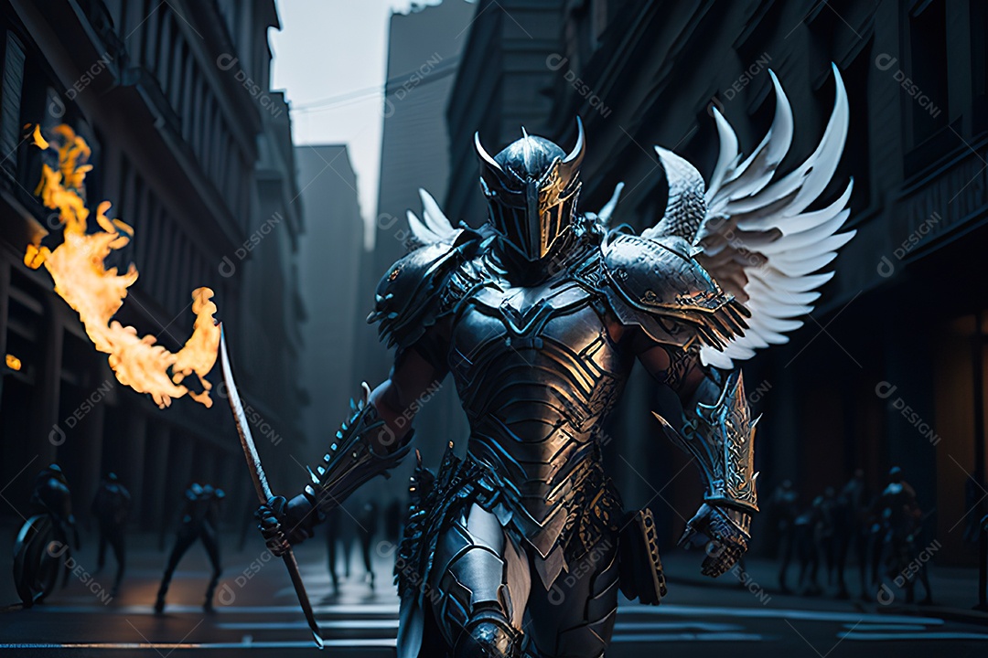Anjo com armadura na cidade em chamas